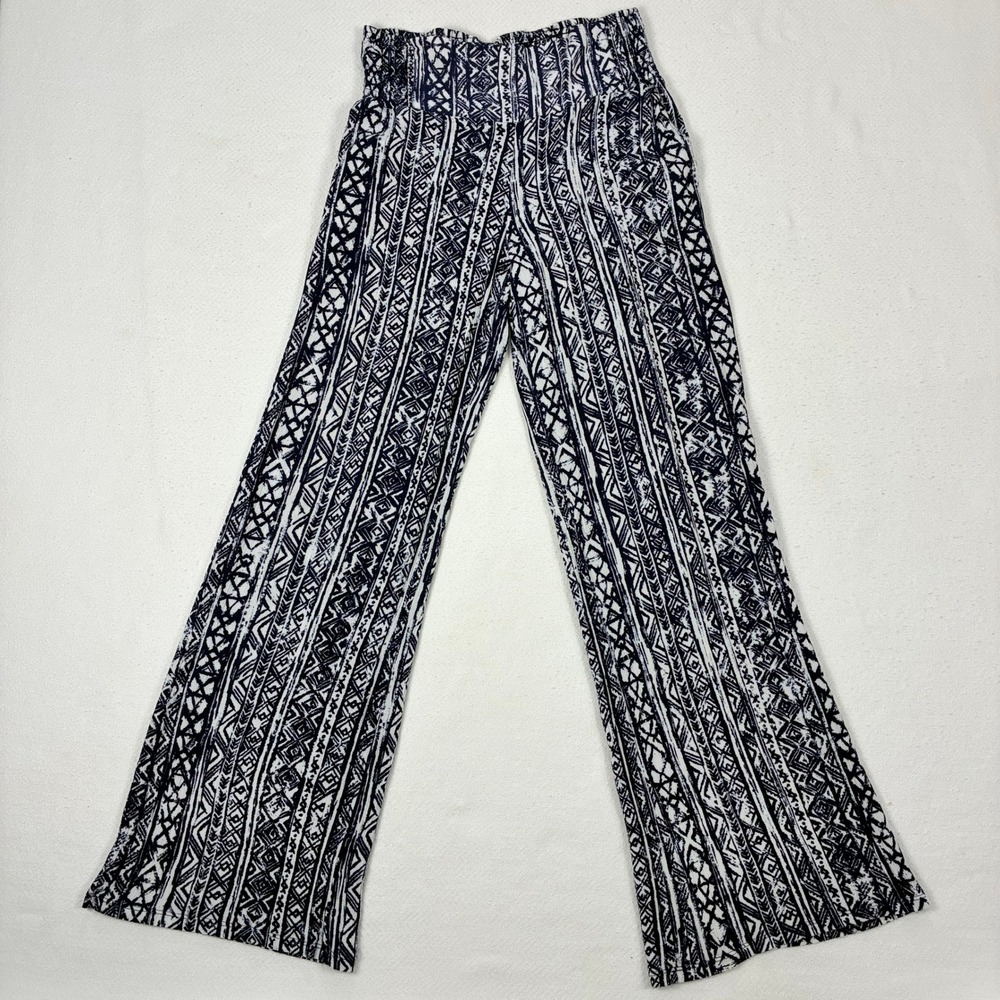 Three Dots Wide Leg Pants Geometric Tribal Print Navy White Boho Casual S